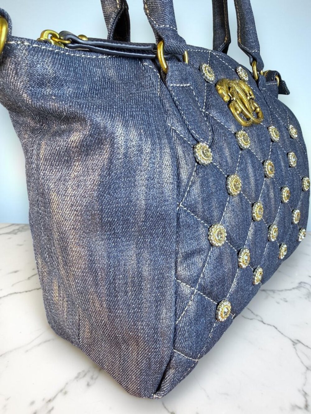 Sharif 1827 Legacy Rare Quilted Denim Rhinestone Satchel Crossbody Bag - Picture 5 of 14